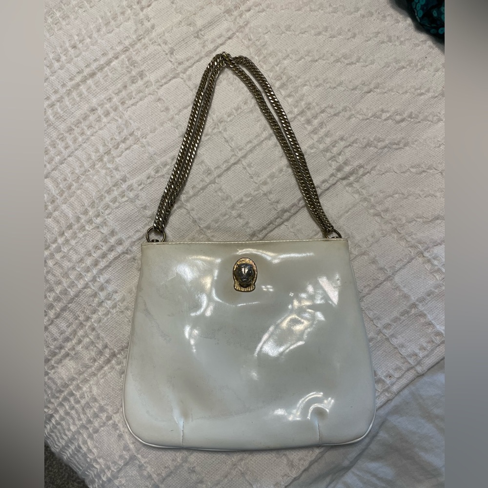 Vintage Ruth Saltz Cream Handbag with Gold Hardware and Gold Lion Head 1970s